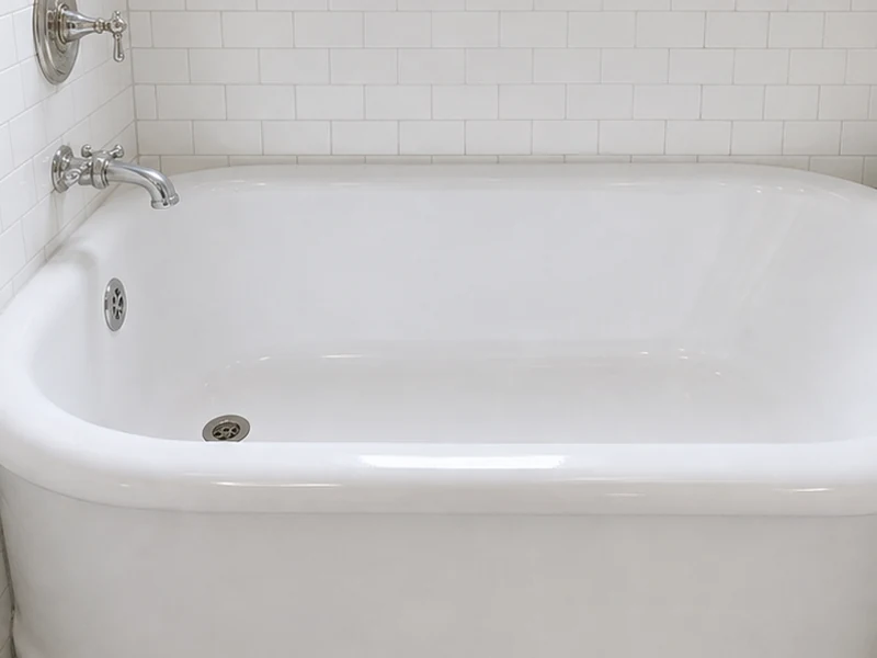 Same Temescal cast-iron bathtub after reglazing with a smooth glossy white finish, Oakland