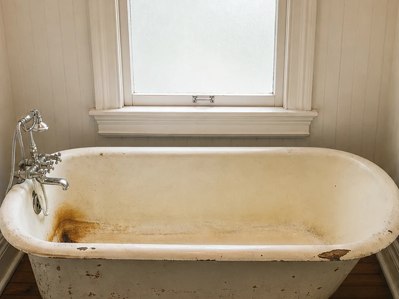 Worn antique clawfoot tub with a rust ring and dull interior in a West Oakland Victorian before refinishing