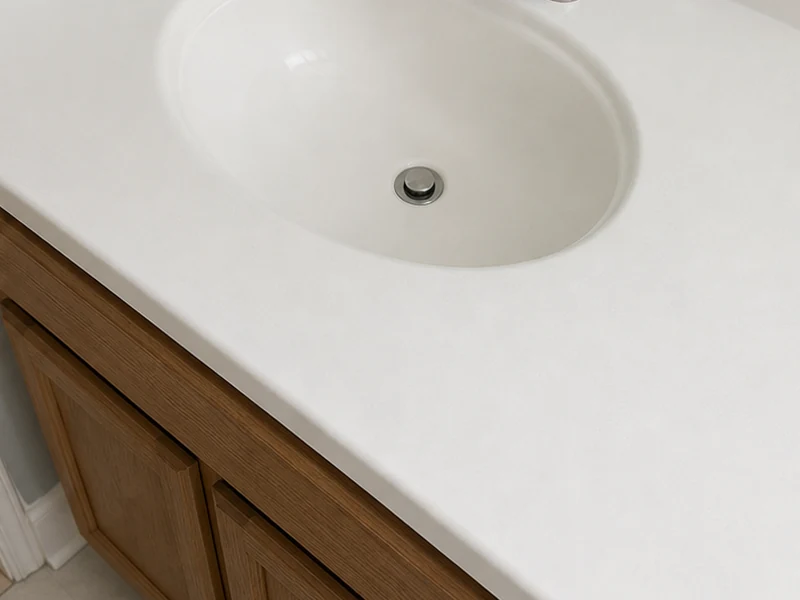 The same Laurel vanity after refinishing with a clean stone-look finish