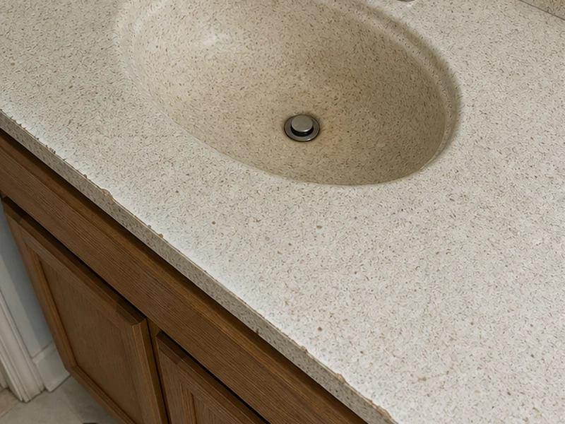 Dated 1980s laminate bathroom vanity with a discolored cultured-marble sink in an Oakland Laurel home