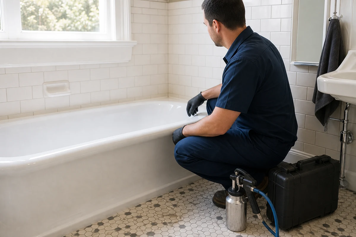 Reglazing technician with equipment outside an Oakland home
