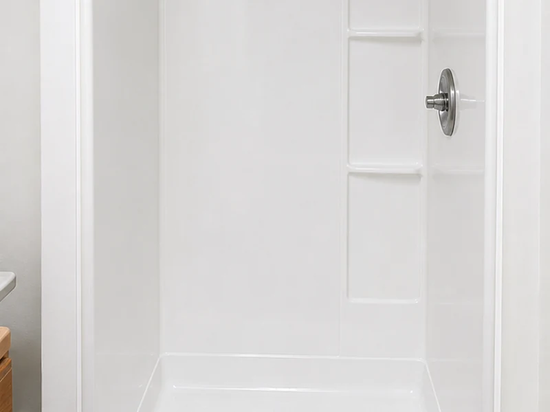 The same Adams Point fiberglass shower after refinishing, uniform glossy white
