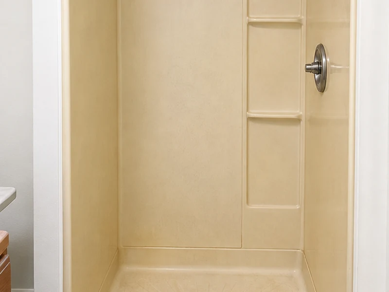 Faded crazed fiberglass shower stall with an almond pan in a 1980s Adams Point Oakland apartment