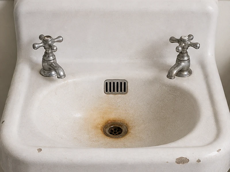 Chipped vintage porcelain sink with a rust stain and crazed glaze in an Oakland Grand Lake flat